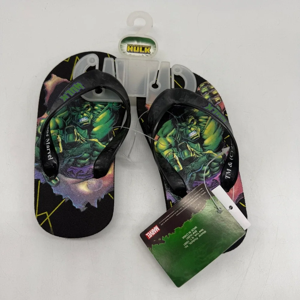 Marvel Hulk Flip Flops Boys Size 9/10 Black Green Graphic Sandals NWT